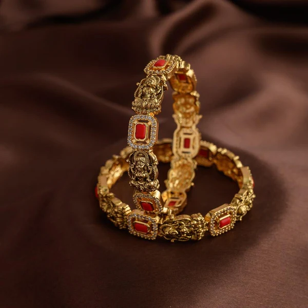 Coral Red Stone Antique Lakshmi Bangles